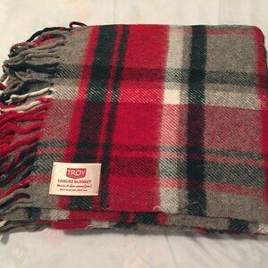 Vintage TROY Leisure Wool Blend Red Plaid Throw Blanket 54”x 54" Troy, NH USA  N
